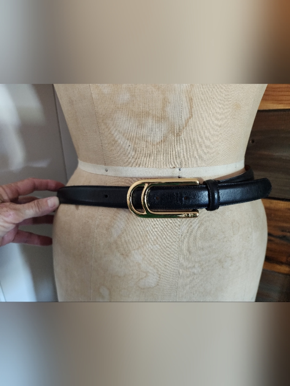 Vintage Ralph Lauren Black Leather Belt with Gold Double-Loop Buckle